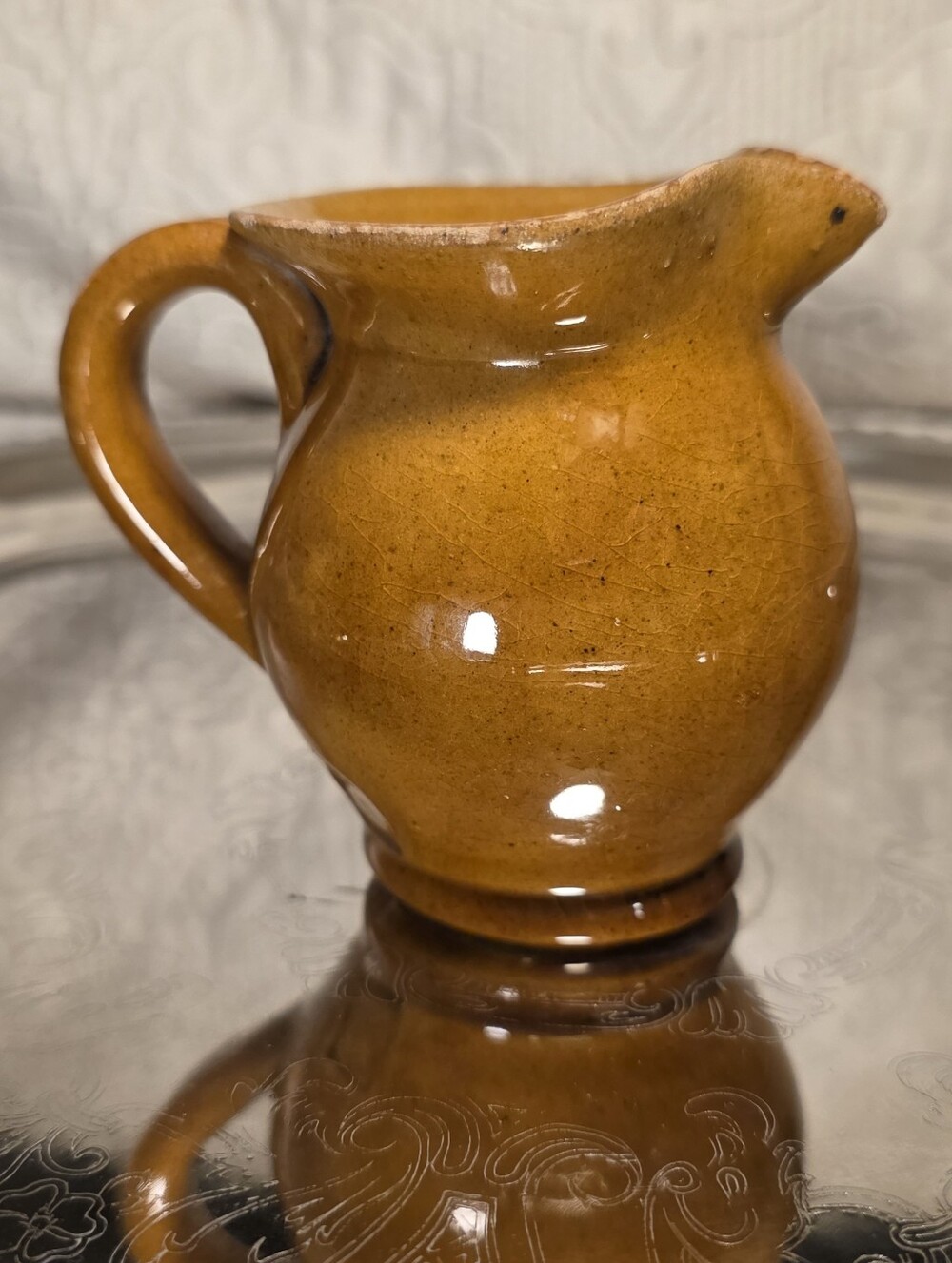 Vintage Amber Brown Pottery Creamer Mini Pitcher Rustic Glazed Stoneware 3”